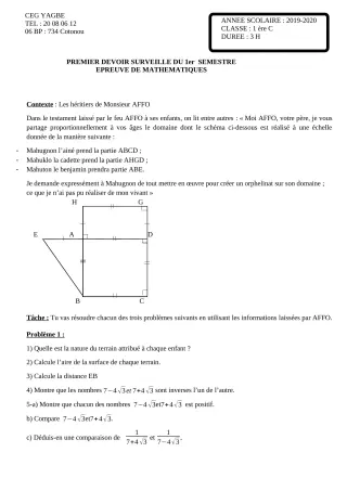 Première page de Mathématiques 3e, 3e ML — 1er devoir surveillé, 1er semestre (2019-2020) · CEG Yagbe