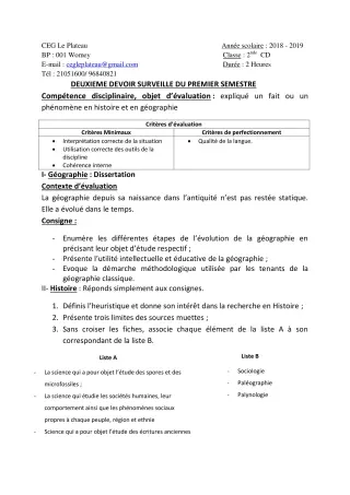 Première page de Histoire-Géographie 2nde C — 2e devoir surveillé, 1er semestre (2018-2019) · CEG Le Plateau