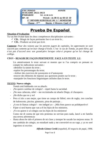 Première page de Espagnol 3e — 1er devoir surveillé, 1er semestre (2022-2023) · CEG ZONGO
