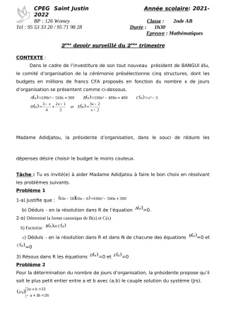 Première page de Mathématiques 2nde A2, 2nde B, 1ère A2, 1ère B, Tle A2, Tle B — 2e devoir surveillé, 2e trimestre (2021-2022) · CPEG SAINT Justin