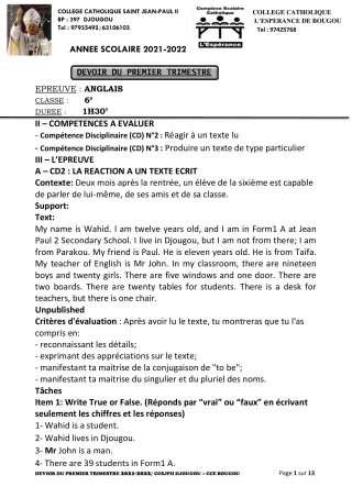 Première page de Anglais 6e, 5e, 4e, 2nde A2, 2nde C, 2nde D, 1ère A1, 1ère A2, 1ère C, 1ère D — 2e devoir surveillé, 1er trimestre (2021-2022) · CCJPII DJOUGOU