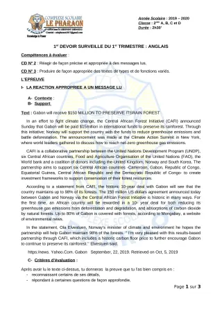 Première page de Anglais 2nde A, 2nde B, 2nde C, 2nde D — 1er devoir surveillé, 1er trimestre (2019-2020) · CPEG LE PHARAON