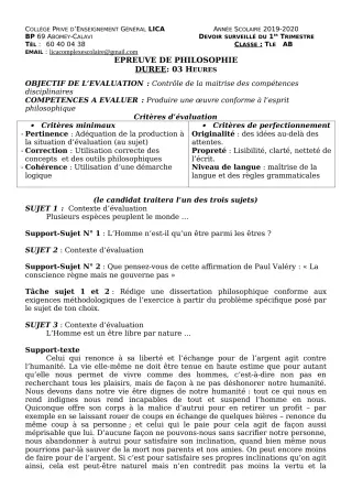 Première page de Philosophie Tle A2, Tle B — Devoir surveillé, 1er trimestre (2019-2020) · CPEG LICA