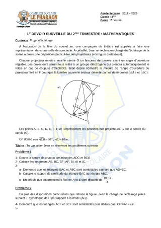 Première page de Mathématiques 3e, 3e ML — 1er devoir surveillé, 2e trimestre (2019-2020) · CPEG LE PHARAON