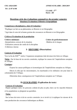 Première page de Histoire-Géographie 3e, 3e ML — 2e évaluation sommative, 1er semestre (2018-2019) · CEG ADJAGBO