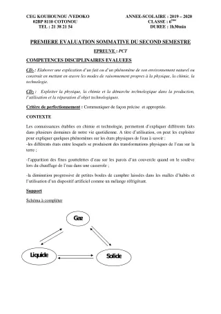 Première page de PCT 6e — 1re évaluation sommative, 2e semestre (2019-2020) · CEG Kouhounou-Vêdoko