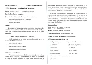 Première page de Espagnol 3e ML — 2e devoir surveillé, 1er semestre (2019-2020) · CEG MAREGOUROU