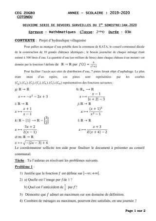 Première page de Mathématiques 1ère D — 2e devoir surveillé, 1er semestre (2019-2020) · CEG ZOGBO