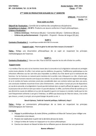 Première page de Philosophie 1ère C, 1ère D — 2e production scolaire, 1er semestre (2021-2022) · CEG PAHOU