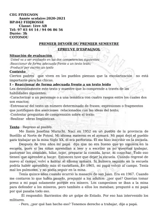 Première page de Espagnol 1ère A2, 1ère B — 1er devoir surveillé, 1er semestre (2020-2021) · CEG FIYEGNON