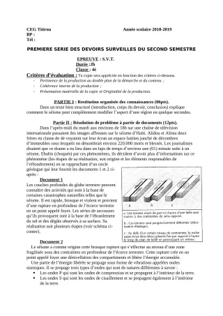 Première page de SVT 4e — 1er devoir surveillé, 2e semestre (2018-2019) · CEG Titirou