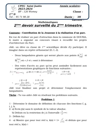 Première page de Mathématiques 1ère D — 2e devoir surveillé, 2e trimestre (2023-2024) · CPEG SAINT Justin