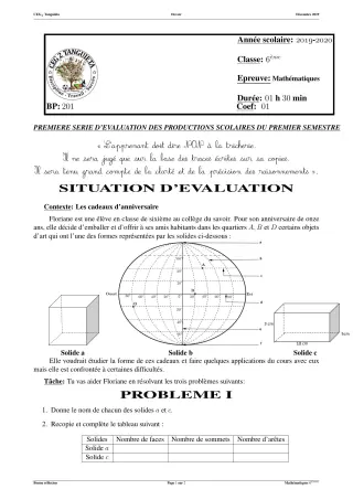 Première page de Mathématiques 6e — Production scolaire, 1er semestre (2019-2020) · CEG2 TANGUIETA