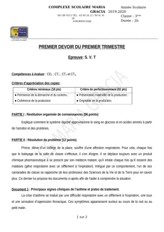 Première page de SVT 3e — 1er devoir surveillé, 1er trimestre (2019-2020) · CPEG MARIA GRACIA