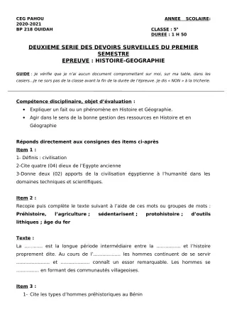 Première page de Histoire-Géographie 5e — 2e devoir surveillé, 1er semestre (2020-2021) · CEG PAHOU