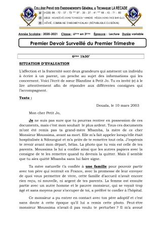 Première page de Français 6e, 5e, 4e, 3e, 3e ML — 1er devoir surveillé, 1er trimestre (2020-2021) · CPEG LA RECADE