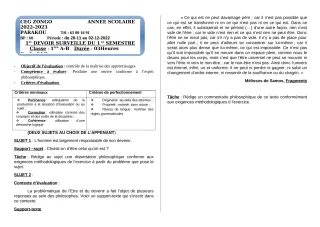 Première page de Philosophie 1ère A1, 1ère A2, 1ère B — 1er devoir surveillé, 1er semestre (2022-2023) · CEG ZONGO