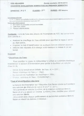 Première page de PCT 3e — 2e évaluation sommative, 1er semestre (2018-2019) · CEG ADJAGBO