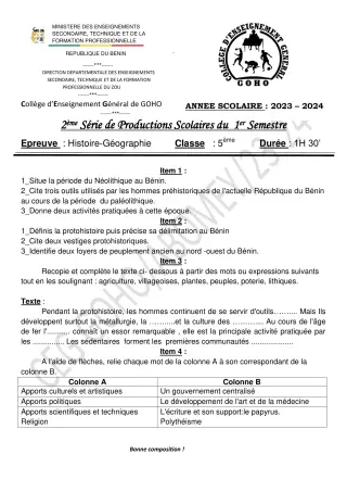 Première page de Histoire-Géographie 5e — 2e production scolaire, 1er semestre (2023-2024) · CEG GOHO