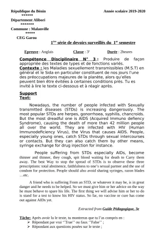 Première page de Anglais 3e — 1er devoir surveillé, 1er semestre (2019-2020) · CEG GAROU