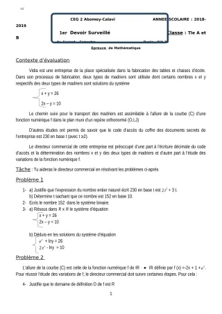 Première page de Mathématiques Tle A1, Tle A2, Tle B — 1er devoir surveillé, 2e semestre (2018-2019) · CEG2 ABOMEY - CALAVI (CEG ZOCA)