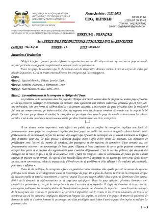 Première page de Français Tle A2, Tle C, Tle D — 1re production scolaire, 1er semestre (2022-2023) · CEG1 Ikpinlè