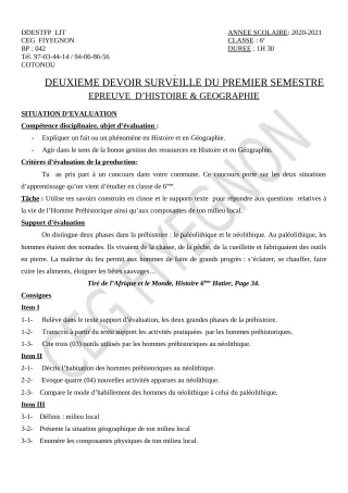 Première page de Histoire-Géographie 6e — 2e devoir surveillé, 1er semestre (2020-2021) · CEG FIYEGNON