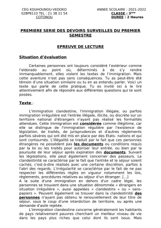 Première page de Français 3e — 1er devoir surveillé, 1er semestre (2021-2022) · CEG Kouhounou-Vêdoko