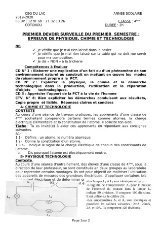 Première page de PCT 4e, 4e ML — 1er devoir surveillé, 1er semestre (2019-2020) · CEG du Lac