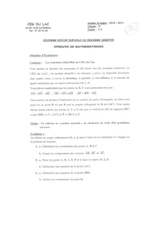 Première page de Mathématiques 3e — 2e devoir surveillé, 2e semestre (2018-2019) · CEG du Lac