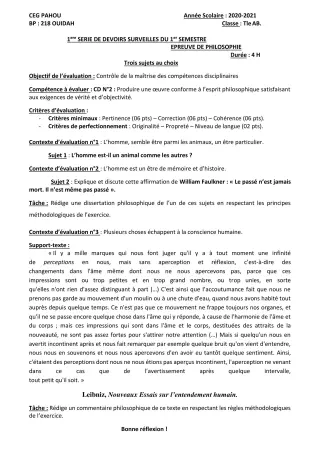 Première page de Philosophie Tle A1, Tle A2, Tle B — 1er devoir surveillé, 1er semestre (2020-2021) · CEG PAHOU