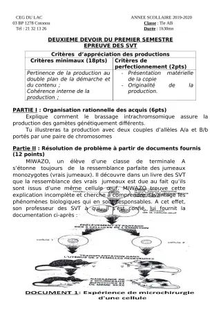 Première page de SVT Tle A2, Tle B — 2e devoir surveillé, 1er semestre (2019-2020) · CEG du Lac