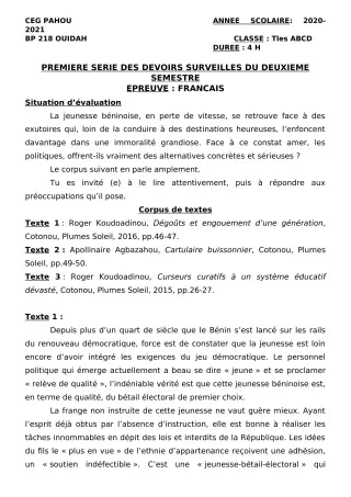 Première page de Français Tle A1, Tle A2, Tle B, Tle C, Tle D — 1er devoir surveillé, 2e semestre (2020-2021) · CEG PAHOU