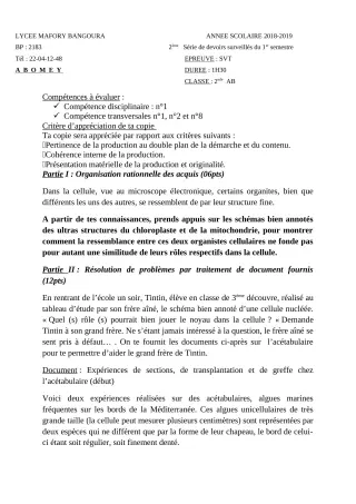Première page de SVT 2nde A & B — 2e devoir surveillé, 1er semestre (2018-2019) · Lycée Houegbadja d'Abomey (Ex Mafory Bangoura)