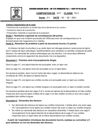 Première page de SVT Tle C — Composition (2020-2021) · CPEG Roger LAFIA