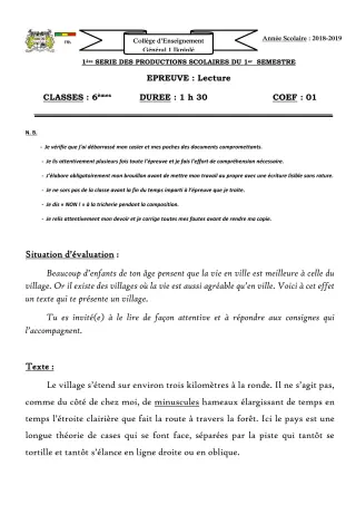 Première page de Français 6e, 5e, 4e, 4e ML, 3e, 3e ML, 2nde A, 2nde C, 2nde D, 1ère A, 1ère C, 1ère D, Tle A1, Tle A2, Tle C, Tle D — 1re production scolaire, 1er semestre (2018-2019) · CEG1 Ikpinlè