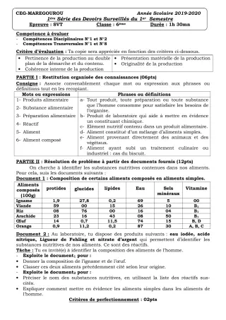 Première page de SVT 6e — 1er devoir surveillé (2019-2020) · CEG MAREGOUROU