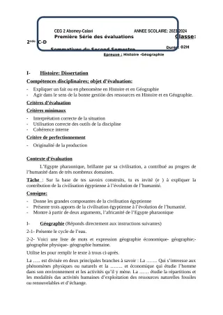 Première page de Histoire-Géographie 2nde D — 1re évaluation sommative, 2e semestre (2023-2024) · CEG2 ABOMEY - CALAVI (CEG ZOCA)