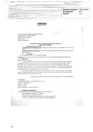 Première page de Anglais 4e, 4e ML — 2e devoir surveillé, 2e semestre (2019-2020) · CEG ADJOVICODJI 'LES OLIVIERS'