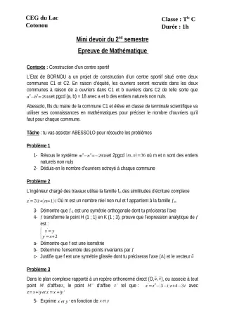 Première page de Mathématiques Tle C — 1er devoir surveillé, 2e semestre (2019-2020) · CEG du Lac