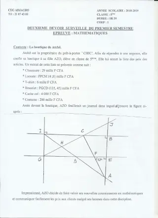 Première page de Mathématiques 5e — 2e devoir surveillé, 1er semestre (2018-2019) · CEG ADJAGBO
