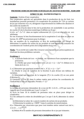 Première page de Mathématiques Tle A1, Tle A2, Tle B — 1er devoir surveillé, 2e semestre (2018-2019) · CEG ZOGBO