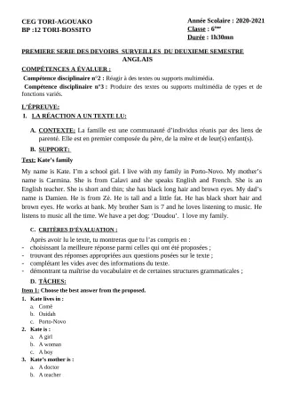 Première page de Anglais 6e, 5e, 4e, 4e ML, 3e, 3e ML, 2nde A & B, 2nde A2, 2nde B, 2nde D, 1ère A2, 1ère C, 1ère D, Tle A & B, Tle C, Tle D — 1er devoir surveillé, 2e semestre (2020-2021) · CEG Tori-Agouako