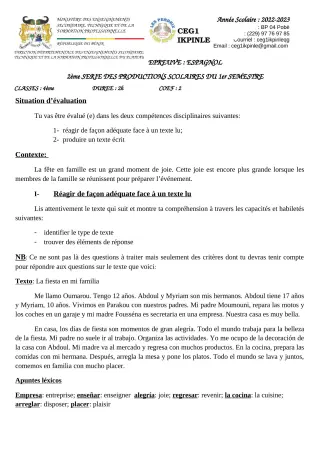 Première page de Espagnol 4e, 4e ML — 2e production scolaire, 1er semestre (2022-2023) · CEG1 Ikpinlè