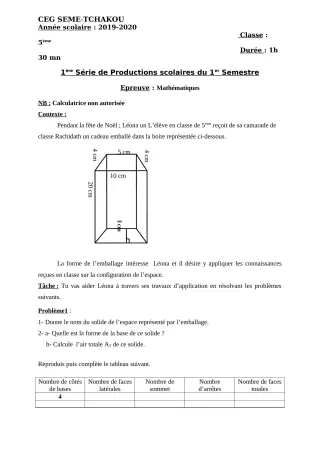 Première page de Mathématiques 6e, 5e, 4e, 3e — 1re production scolaire, 1er semestre (2019-2020) · CEG Sème tchakou