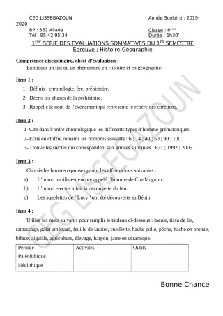 Première page de Histoire-Géographie 6e, 5e, 4e, 4e ML, 3e, 3e ML, 2nde A1, 2nde D — 1re évaluation sommative, 1er semestre (2019-2020) · CEG Lissègazoun