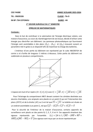 Première page de Mathématiques Tle D — 1er devoir surveillé, 1er semestre (2023-2024) · CEG Yagbe