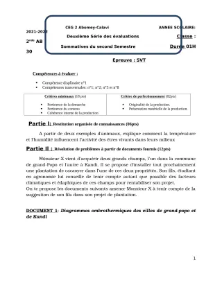 Première page de SVT 2nde A & B — 2e évaluation sommative, 2e semestre (2021-2022) · CEG2 ABOMEY - CALAVI (CEG ZOCA)