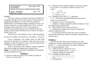Première page de Mathématiques Tle A2 — 2e devoir surveillé, 2e semestre (2018-2019) · CEG Banikanni