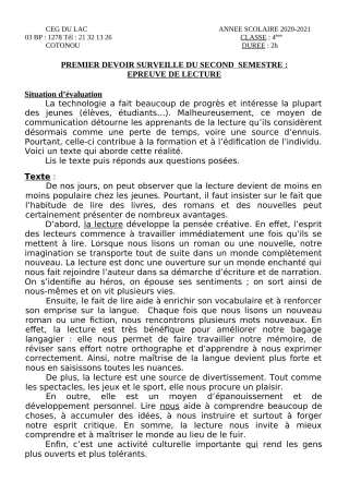 Première page de Français 4e — 1er devoir surveillé, 2e semestre (2020-2021) · CEG du Lac